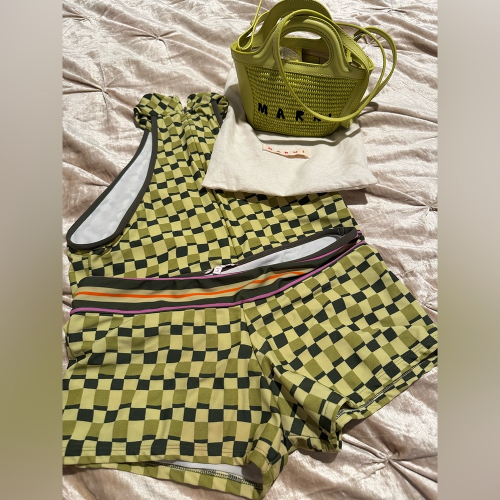 Marni Geometric-Print Swim Set in Green and Black purse includes all items
